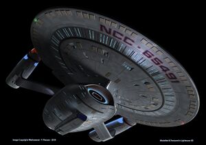 A ventral view of the New Orleans showing the forward torpedo launcher and ventral phaser arrays.