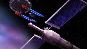 A subspace repeater buoy being serviced by the USS Cerritos.